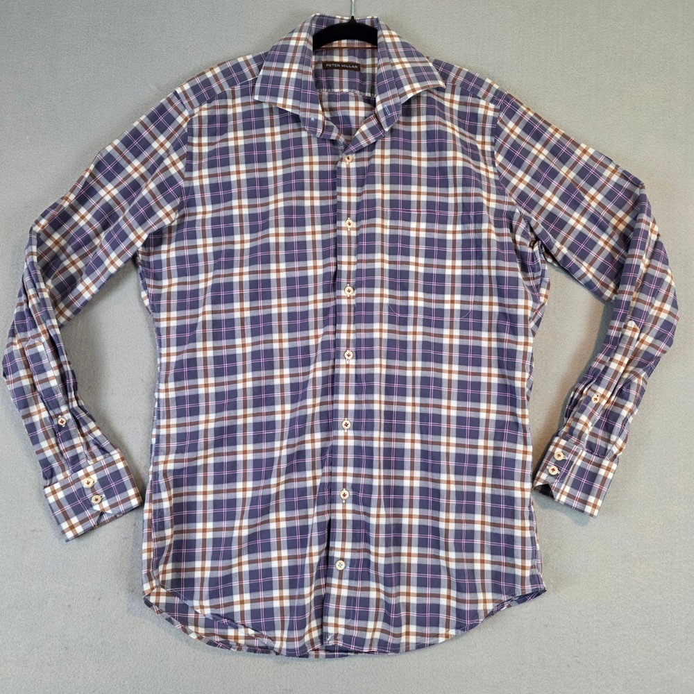 Peter Millar Mens Medium Purple Brown Plaid Cotton Long Sleeve Button Down Shirt